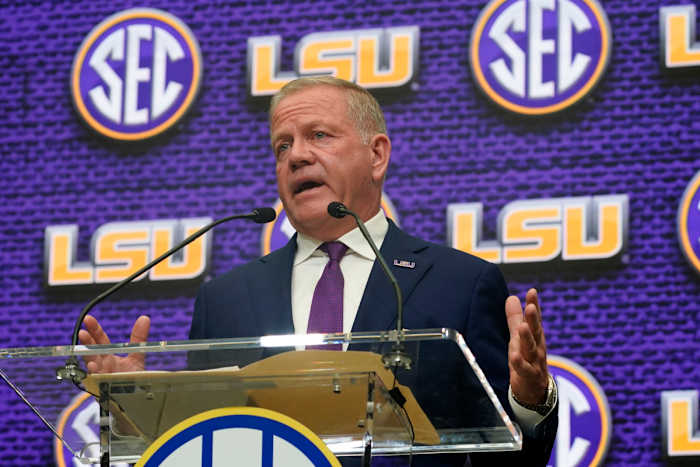 Brian Kelly speaks to reporters at his first SEC Media Days appearance.